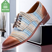 cheap Textured Weave Shoes-Men&#039;s Blue and Tan Woven Oxford Shoes – Retro Lace-Up Casual Shoes for Creative Professionals and Everyday Style