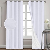 baratos Cortinas &amp; Cortinados-Cortinas de Textura de Linho para Quarto Sólido 100% Blackout Térmica Isolada com Forro Branco Cortinas/Dráperes Escurecedoras para Sala de Estar Berçário 2 Peças L52 x A84
