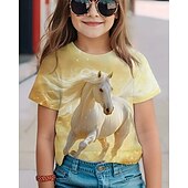 preiswerte Mädchen 3D Tiere-Mädchen 3D Pferd T-Shirt Kurzarm Sommer Frühling Mode Basic Kinder 4-12 Jahre Rundhalsausschnitt Outdoor Lässig Täglich Normale Passform