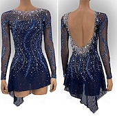 cheap Figure Skating Dresses-Figure Skating Dress Women&#039;s Girls&#039; Ice Skating Dress Navy Thumbhole Open Back Mesh High Elasticity Training Competition Skating Wear Classic Crystal / Rhinestone Long Sleeve Ice Skating Figure