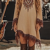 billiga Bohemklänningar-Dam Midiklänning Boho-klänning Klänning med tryck Västerländsk klänning Mode Modern Utomhus Helgdag Normal Blomma Långärmad V-hals Kaki Sommar