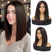baratos Perucas Sintéticas sem Touca-perucas pretas bob perucas retas sem cola para mulheres cabelo sintético resistente ao calor fibra longa bob peruca parte do meio perucas bob naturais perucas de comprimento médio para mulheres 16