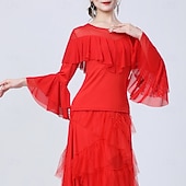 billiga Danskläder till latindans-Latinamerikansk dans Topp Krusad Ren Färg Tvinning Dam Prestanda Träning Långärmad Hög Polyester