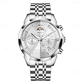 abordables Relojes de Cuarzo-Reloj de pulsera Olevs 3673 para hombre, con esfera romboidal y fase lunar, de acero inoxidable macizo, resistente al agua y fecha.