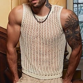 cheap Tank Tops-Men&#039;s Tank Top Vest Top Undershirt Sleeveless Shirt Sleeveless Crewneck Spring Plain Fashion Designer Hole Vacation Street Going out Beige Top Tee for Men