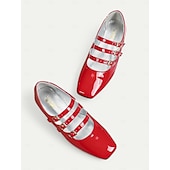 voordelige Platte damesschoenen-Rode Mary Jane-flats van lakleer uit de jaren 30 voor dames met drievoudige gespen – retro klassieke schoenen voor feestjes en dagelijks gebruik