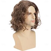 זול פאות גברים-פאות חומות מתולתלות קצרות לגברים פאת שיער ליל כל הקדושים סינטטית טבעית בשכבות קוספליי לגבר