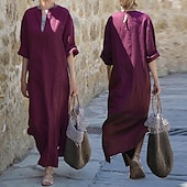 cheap Dresses-Women&#039;s Long Dress Maxi Dress Cotton Linen Dress Classic Daily Holiday Going out Regular Fit Plain Long Sleeve V Neck Black White Wine Dark Gray Summer