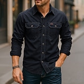 preiswerte Arbeitshemden für Herren-Herren Freizeithemd Arbeitshemd Knopfhemd Dunkelmarine Kaki Hellgrau Armeegrün Langarm Einfarbig Revers Urlaub Ferien Button-Down Bekleidung Baumwolle Mode Lässig Bequem