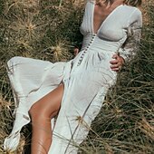 abordables Robes-Femmes Robe Longue Maxi Robe Robes en coton et lin Robe de Bal Robe Décontractée Robe d&#039;été ancien Mode Extérieur Fête Date Coupe régulière Uni manche longue Décolleté plongeant Rose Claire Vert Beige