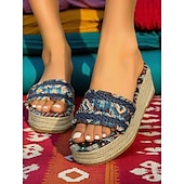 cheap Vacation Sandals-Women&#039;s Bohemian Woven Platform Sandals – Ethnic Print Slip-On Espadrille Wedge Slides for Summer, Beach &amp; Casual Wear