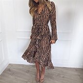 levne Šaty-Dámské Midi šaty Bavlněné plátěné šaty Klasické Moderní Venkovní Dovolená Jdeme ven Běžný Leopard Dlouhý rukáv Do V Bílá Khaki Šedá Léto