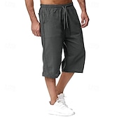 baratos Clássico-Homens Calças Capri Shorts de linho Shorts de verão Shorts de praia Bolsos Com Cordão Cintura elástica Tecido Conforto Respirável Comprimento da panturrilha Férias Feriado Praia Havaiana Boho Preto