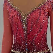 voordelige Schaatsjurken-Kunstschaatsjurk Dames Voor meisjes Schaatsen Jurken Zwart / rood Duimopening Asymetrische zoom Netstof Hoge Elasticiteit Opleiding Wedstrijd Kunstschaatskleding Klassiek Kristal / Bergkristal Lange