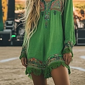 abordables Robes Bohémiennes-Femmes Mini Robe Robe bohème Robe occidentale Mode Moderne Quotidien Fête Sortir Coupe régulière Fleur manche longue Col carré Vert Été