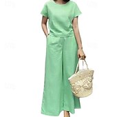 abordables Robes-Femmes Mode Streetwear Chemise Ensembles en coton et lin Ensembles deux pièces Manche Courte Col ras du cou Uni Tenue quotidienne Date Jaune Rose Claire Vert Été Coupe régulière