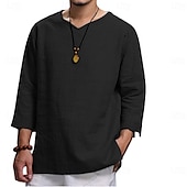 baratos Clássico-Homens Camisa Social Camisa de linho Camisa Popover camisa de verão Roupa de Praia Côr Sólida Férias Casual Preto Azul Marinha Azul Céu cáqui 3/4 de Manga Decote V Verão Primavera Roupa