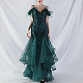 economico ROSSO-Abiti Quinceanera Mermaidi  Trumpet in Paillettes Elegante Abito Formale Semi Formale Matrimonio Lunghezza P_avimento Senza Maniche Scollo a V Tulle Volant con Piume