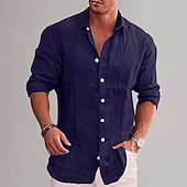economico Casual da lavoro-Per uomo Camicia in cotone e lino Semplice Vacanza Nero Bianco Vino Azzurro cielo Manica Lunga Bavero Abbigliamento