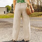 baratos Calça de linho de algodão simples-Mulheres Calças de linho de algodão Calças Roupa de rua Casual Comprimento total Natural Tecido Design de cordão elástico Confortável Exterior Roupa Diária Final de semana Preto Azul Marinho Escuro