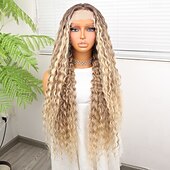 cheap Synthetic Lace Wigs-Synthetic Lace Wig Deep Curly Style 32 inch Multi-color Middle Part 13x4x1 T Part Lace Front Wig Women&#039;s Wig Light golden