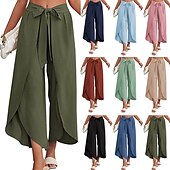 economico Pantaloni in lino e cotone semplici-Per donna Pantaloni in cotone e lino Pantaloni Eleganti Casual Lunghezza intera Naturale Semplice Elastico in vita All&#039;aperto Confortevole Streetwear Uscire Aalbicocca Giacinto Blu cielo chiaro Nero