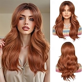 abordables Perruques Synthétiques Sans Bonnet-Perruque marron ombré pour femme avec frange rideau, cheveux synthétiques bouclés naturels de longueur moyenne, résistants à la chaleur, pour un usage quotidien, pour un cosplay ou une fête