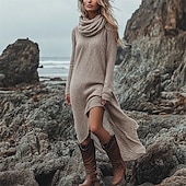 abordables Robes Bohémiennes-Femmes Robe Midi Robe Décontractée Robe d&#039;été Robe bohème Mode Extérieur Vacances Fête Coupe régulière Uni manche longue Col Bénitier Fuchsia Gris Clair Gris foncé Été Printemps