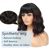 baratos Perucas Sintéticas sem Touca-Peruca curta ondulada com franja para mulheres, comprimento dos ombros, bob, perucas sintéticas cacheadas com ondulado natural, preto, misto, vinho tinto, peruca resistente ao calor para uso diário em