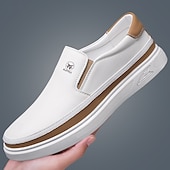 baratos Ténis para Homem-Tênis masculinos slip-on brancos com detalhes em PU – calçados leves e modernos para streetwear, viagens e trajes casuais