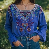 cheap Shirts-Women&#039;s Cotton Linen Shirts Boho Shirt Plain Flower Daily Stylish Basic Long Sleeve Crew Neck Regular Tops Work Daily Holiday Print Blue Purple Orange Light Blue Spring Fall