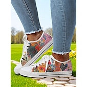 cheap Women&#039;s Sneakers-Women’s Lace - Up Canvas Sneakers with Floral Print – Casual &amp; Youthful Style for Teenagers and Young Women in School, Street Outings &amp; Casual Gatherings