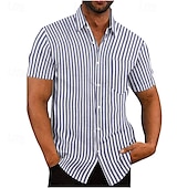 preiswerte Herrenhemd zum Knöpfen-Herren Hemd Sommerhemd Freizeithemd Strandhemd Knopfhemd Hellgrün Blau Leicht Blau Kurzarm Vertikale Streifen Revers Urlaub Hawaiianisch Bekleidung Polyester Mode Lässig Bequem Tasche