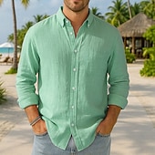 preiswerte Urlaub-Herren Baumwoll-Leinen-Hemd Einfarbig Urlaub Schwarz Weiß Rosa Dunkelmarine Langarm Revers Bekleidung Button-Down