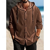 cheap Men&#039;s Casual Shirts-Men&#039;s Shirt Summer Shirt Casual Shirt Beach Shirt Button Up Shirt Black White Dark Navy Brown khaki Long Sleeve Plain Hooded Holiday Casual Daily Button-Down Clothing Apparel Polyester Fashion Casual
