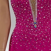 cheap Figure Skating Dresses-Figure Skating Dress Women's Girls' Ice Skating Dress Rose Red Patchwork Asymmetric Hem Mesh Spandex High Elasticity Training Competition Skating Wear Classic Crystal / Rhinestone Sleeveless Ice