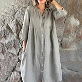 preiswerte Kleider-Damen Midikleid Baumwoll-Leinen-Kleider Freizeitkleid Mode Outdoor Party Ferien Normale Passform Einfach Dreiviertelarm V Ausschnitt Weiß Gelb Grau Sommer