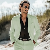 cheap Beach Suits-Men&#039;s Casual Summer Wedding Linen Suits Sky Blue Sage Daily Lightweight Solid Colored Standard Fit 2 Piece Single Breasted One-button