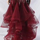 economico ROSSO-Abiti Quinceanera Mermaidi  Trumpet in Paillettes Elegante Abito Formale Semi Formale Matrimonio Lunghezza P_avimento Senza Maniche Scollo a V Tulle Volant con Piume