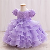 cheap Party Dresses-Kids Girls&#039; Party Dress Solid Color Short Sleeve Performance Special Occasion Princess Polyester Party Dress Summer Spring kids Champagne Purple
