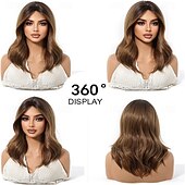 abordables Perruques Synthétiques Sans Bonnet-Perruque marron ombré pour femme avec frange rideau, cheveux synthétiques bouclés naturels de longueur moyenne, résistants à la chaleur, pour un usage quotidien, pour un cosplay ou une fête