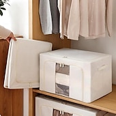 cheap Laundry Bags &amp; Hampers-Clothes Storage Bins Stackable Metal Frame Storage Box Foldable Linen Fabric Organizer with Carrying Handles and Clear Window