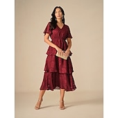 preiswerte abendkleider-Damen Maxikleid A Linie Kleid Elegant Formell Flattrige Ärmel Hochzeitsgast Cocktailparty Normale Passform Einfach Kurzarm V Ausschnitt Wein Sommer
