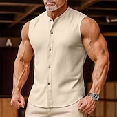 preiswerte Fitness Tank-Tops-Herren leinenhemd Tank Top Weste Unterhemd Ärmellos Rundhals Mandarinkragen Sommer Frühling &amp; Sommer Einfach Mode Designer Basic Knöpfe Knopf vorne Urlaub Straße Lässig Schwarz Rosa Wein Top T-Shirt