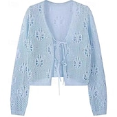 preiswerte Spitzenoberteile-Damen Hemd Bluse Einfach Lässig Langarm V Ausschnitt Crop Tops Täglich Ferien Ausschnitt Rosa Purpur Beige Leicht Blau Sommer