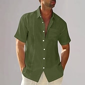 economico Casual da lavoro-Per uomo Camicia in cotone e lino Semplice Vacanza Nero Bianco Blu marino scuro Blu Manica Corta Collo ripiegato Estate Abbigliamento