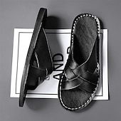 billige Ferietøfler-brune sandaler i imitert skinn med kryssrem – uformelle slip-on sandaler med slitesterk såle, perfekt for hverdagskomfort, ferie og utendørseventyr
