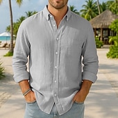 preiswerte Urlaub-Herren Baumwoll-Leinen-Hemd Einfarbig Urlaub Schwarz Weiß Rosa Dunkelmarine Langarm Revers Bekleidung Button-Down
