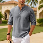 cheap Men&#039;s Popover Shirts-Men&#039;s Waffle Knit Shirt Black White Blue Sky Blue Dark Gray Long Sleeve Grandad Collar Stand Collar Henley Vacation Buckle Clothing Apparel Fashion Casual Comfortable