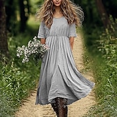 economico disegnare abiti in cotone e lino-Vestito midi in cotone e lino da donna, abito tubino, abito trapezio, abito estivo casual, quotidiano, per le vacanze, vestibilità ampia, tinta unita, manica corta, scollo a V, bianco, rosa, blu,